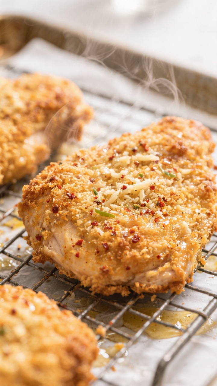 Close-up detail: Ultra-crisp Garlic Parmesan Chicken just out of the oven on a wire rack, golden Par