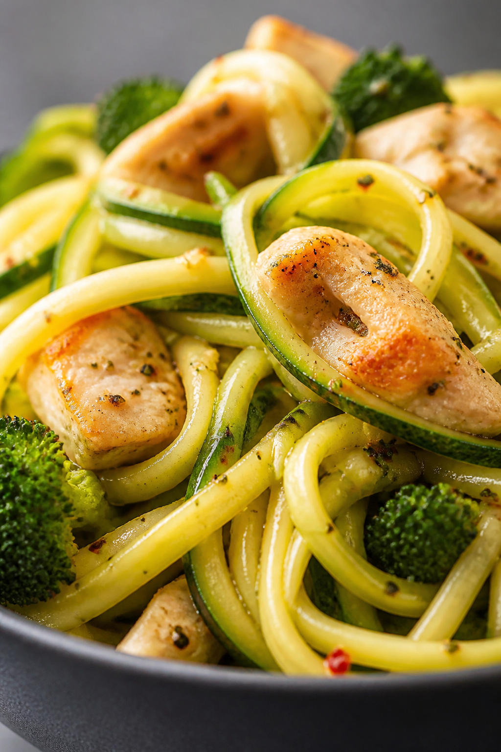 Close-up detail — Zoodles tossed to al dente perfection: Macro close-up of zucchini noodles just w