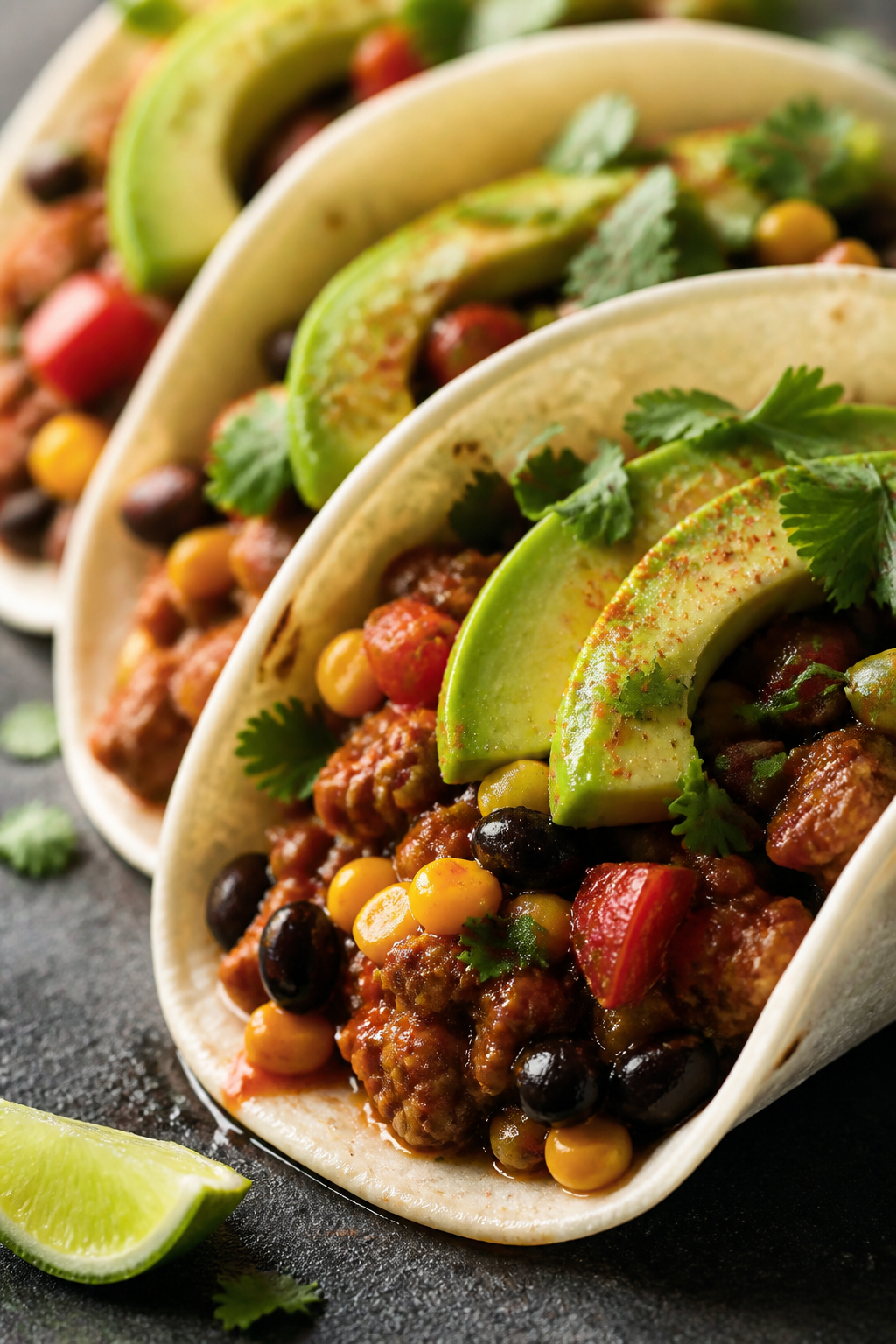 Close-up final dish in tortillas: Street-taco style soft flour tortillas filled with the saucy turke