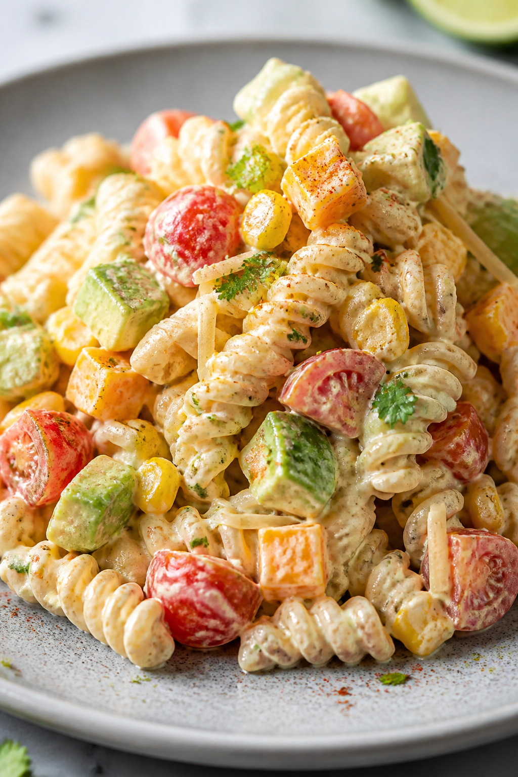 Close-up final plate: Tight, shallow-focus detail of a single plated scoop of the pasta salad on a c