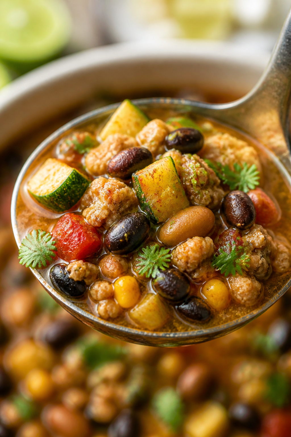 Close-up final presentation: Tight macro of a ladle lifting a hearty scoop of Healthy Taco Soup from
