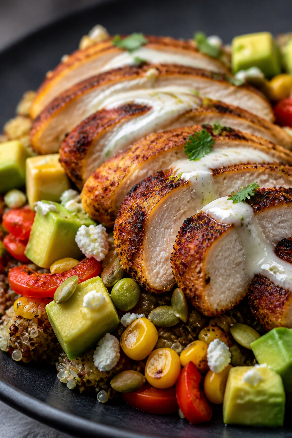 Close-up final presentation: Tight macro of sliced Southwest chicken atop quinoa, showcasing juicy i
