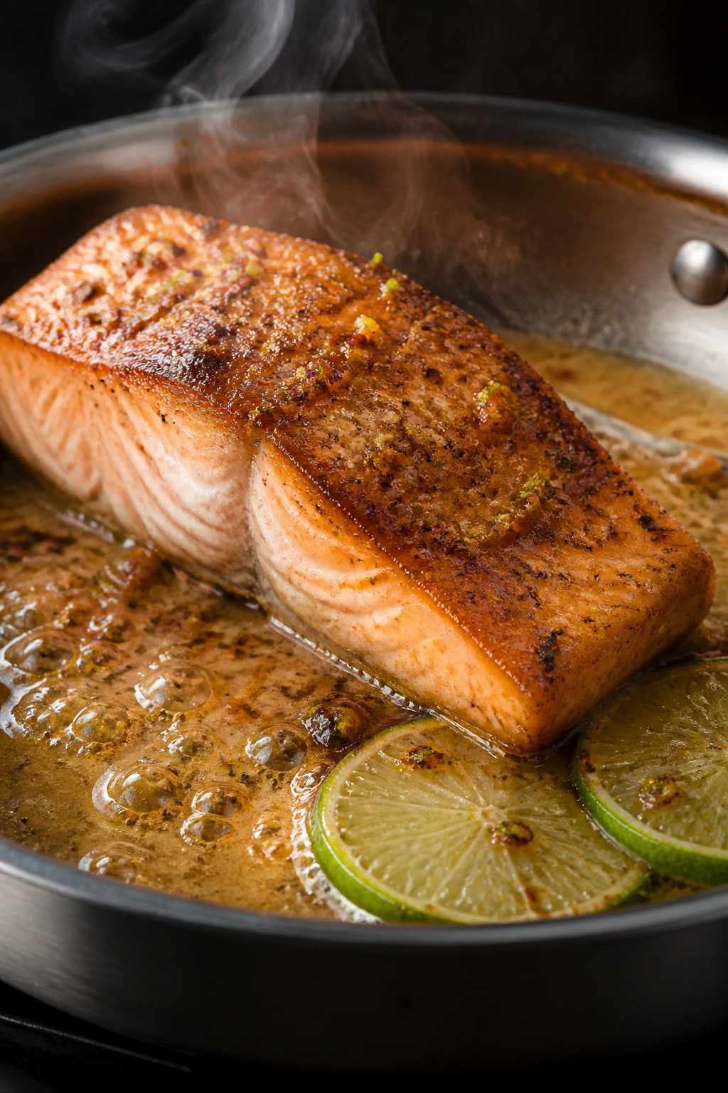 Close-up sear-in-action: Golden-crusted salmon fillet just flipped in a heavy stainless skillet, edg
