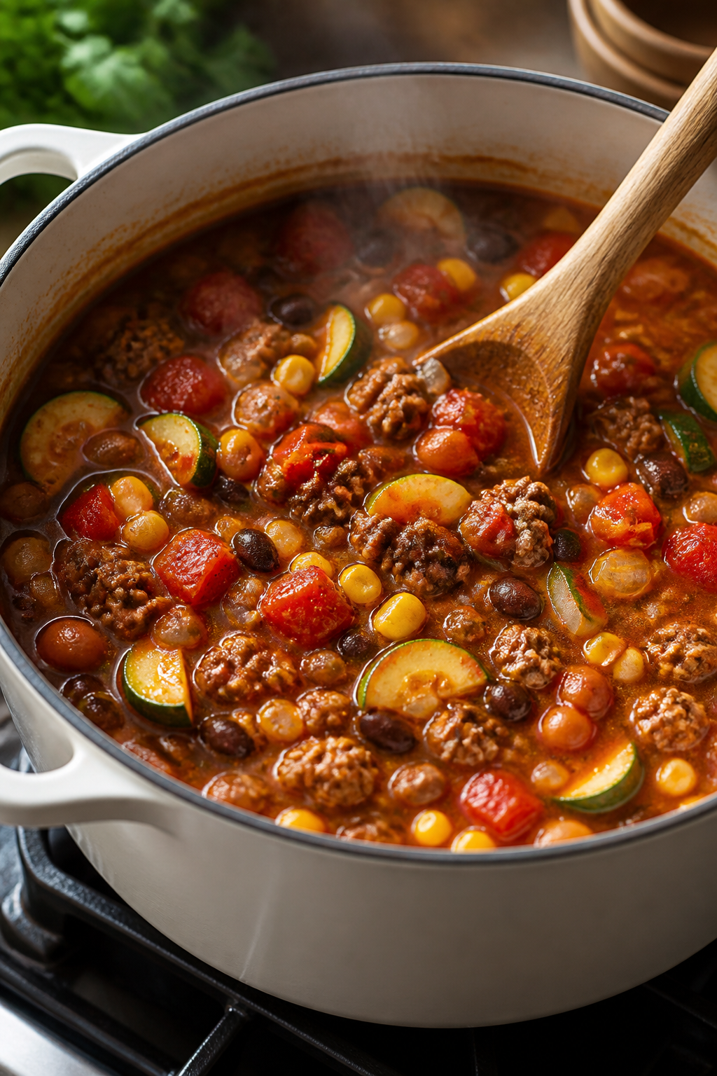 Cooking process: A large Dutch oven on the stove with Healthy Taco Soup simmering, steam rising; bro