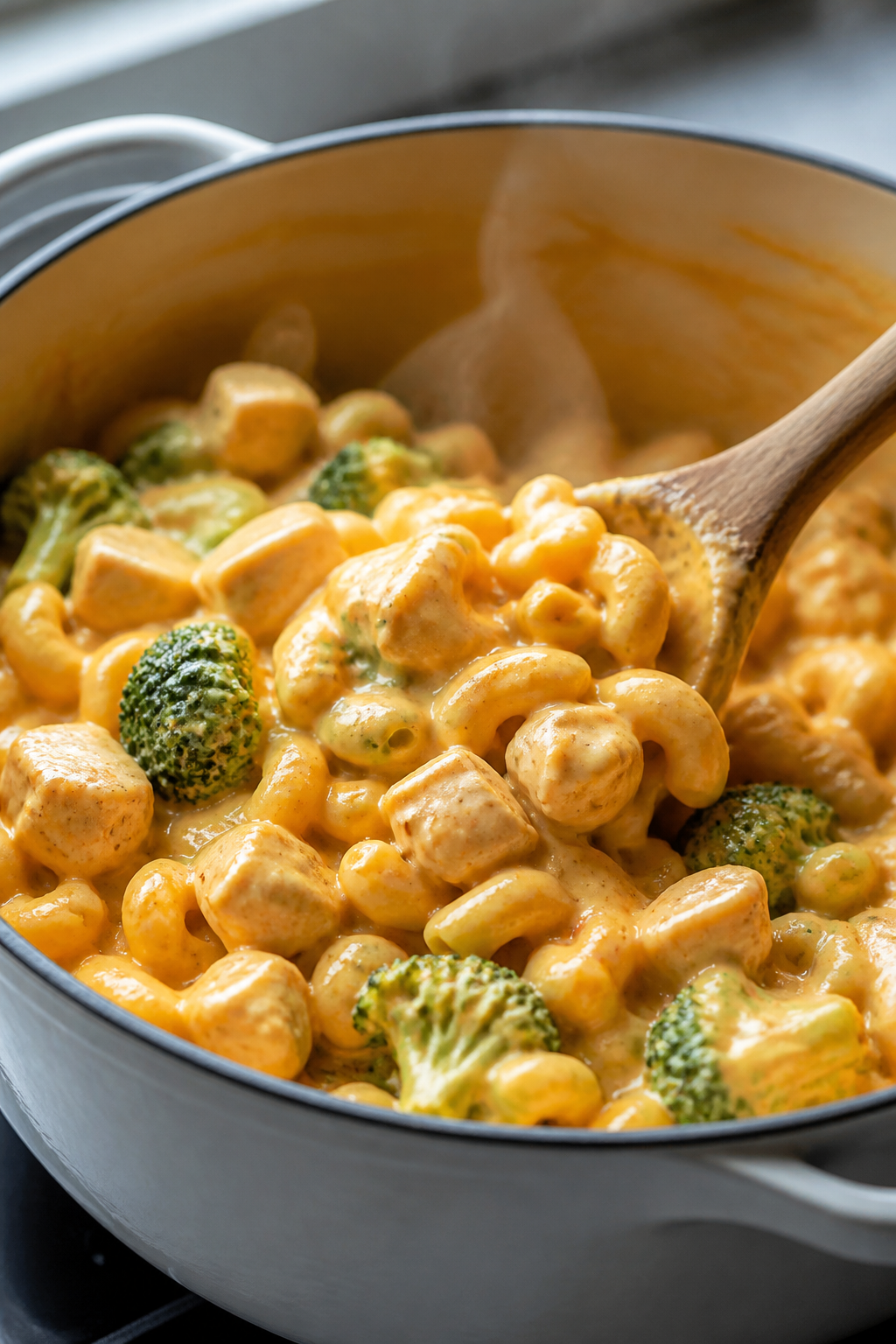 Cooking process: A large pot on the stovetop with the glossy, velvety cheese sauce being whisked smo