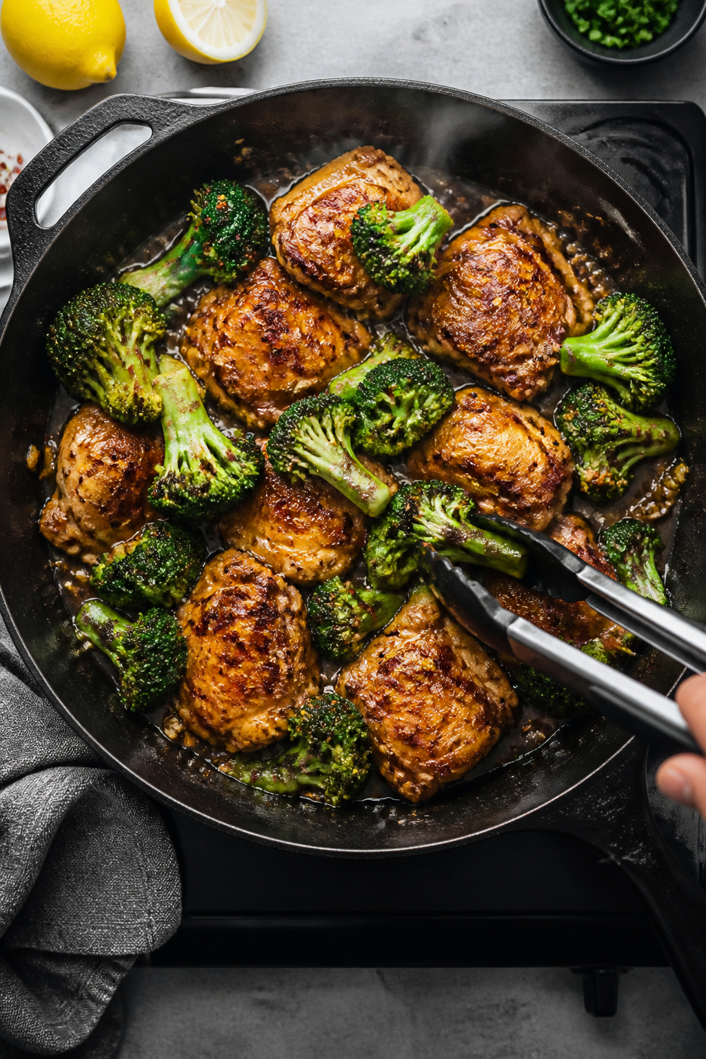 Cooking process action: Overhead shot of a large skillet on the stovetop as the quick sauce thickens