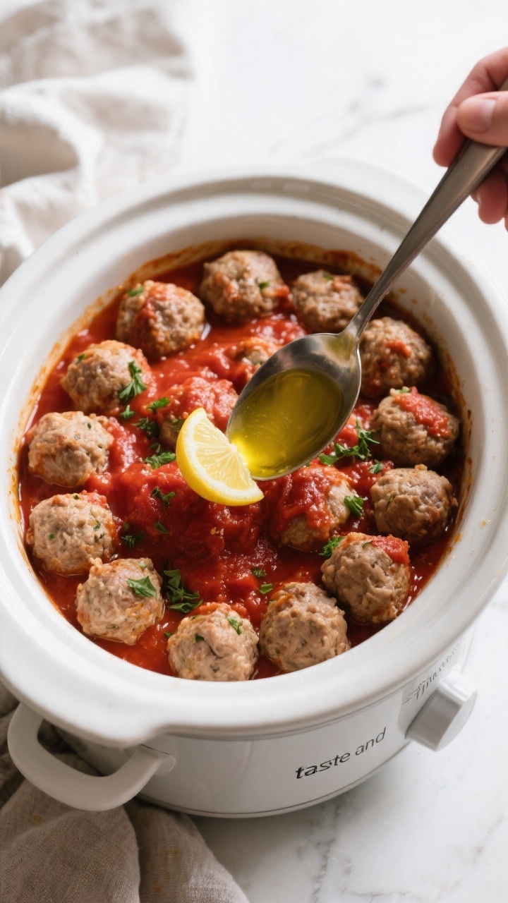 Cooking process action: Overhead shot of a slow cooker filled with neatly nestled, golf-ball-size tu