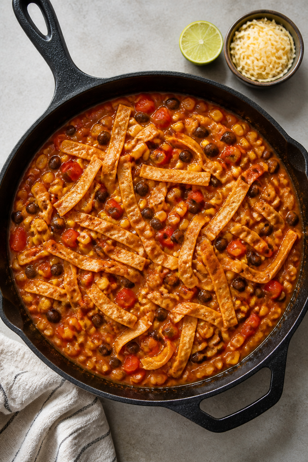 Cooking process action: Overhead shot of the enchilada skillet right after folding in tortilla strip