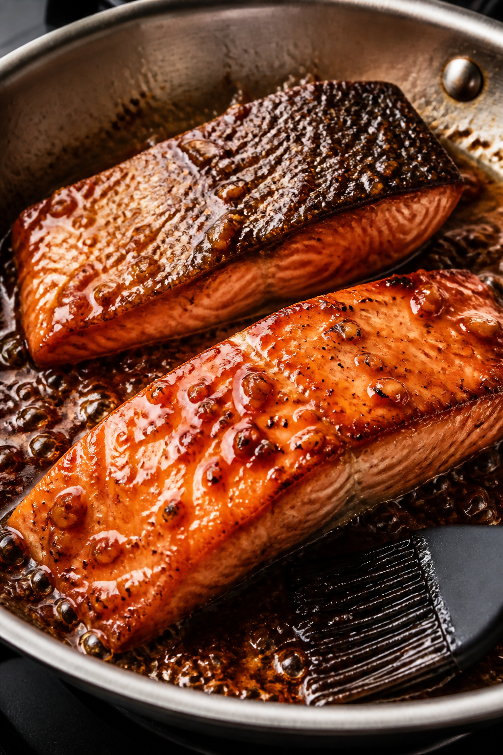 Cooking process action shot: salmon fillets in a stainless oven-safe skillet on the stovetop right a