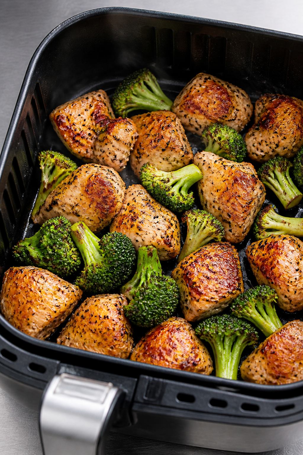 Cooking process: Air fryer basket mid-cook at 380°F showing chicken pieces in a single layer with b