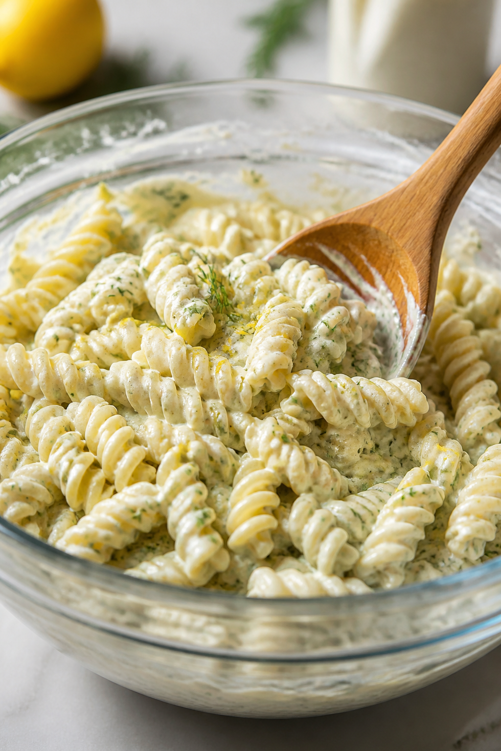 Cooking process: Al dente rotini just drained and lightly rinsed, steam fading, being tossed in a la