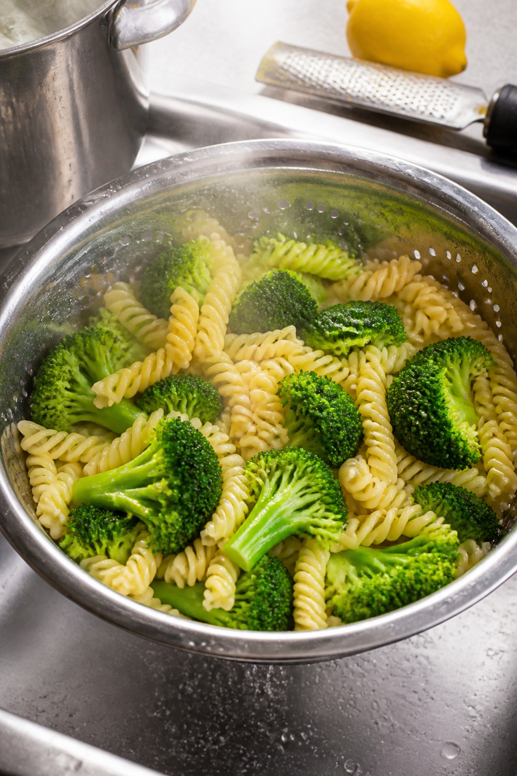 Cooking process – broccoli blanch and pasta cool-down: Overhead shot of just-cooked rotini and bri