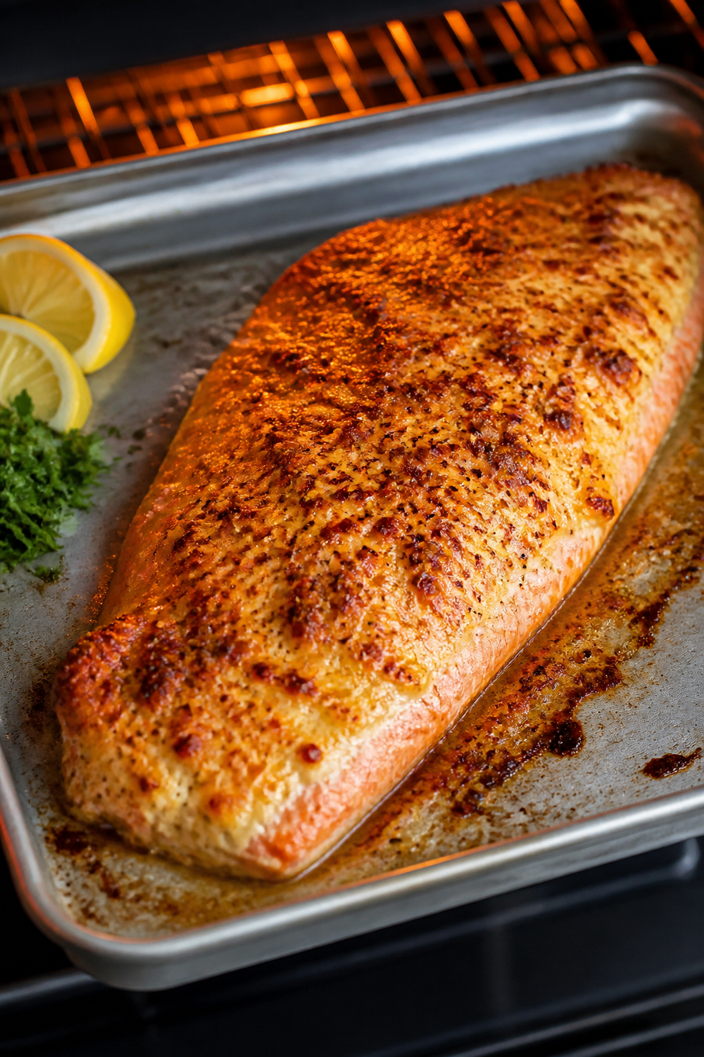 Cooking process: Broil finish for extra color—salmon fillet on a rimmed baking sheet mid-broil, ch