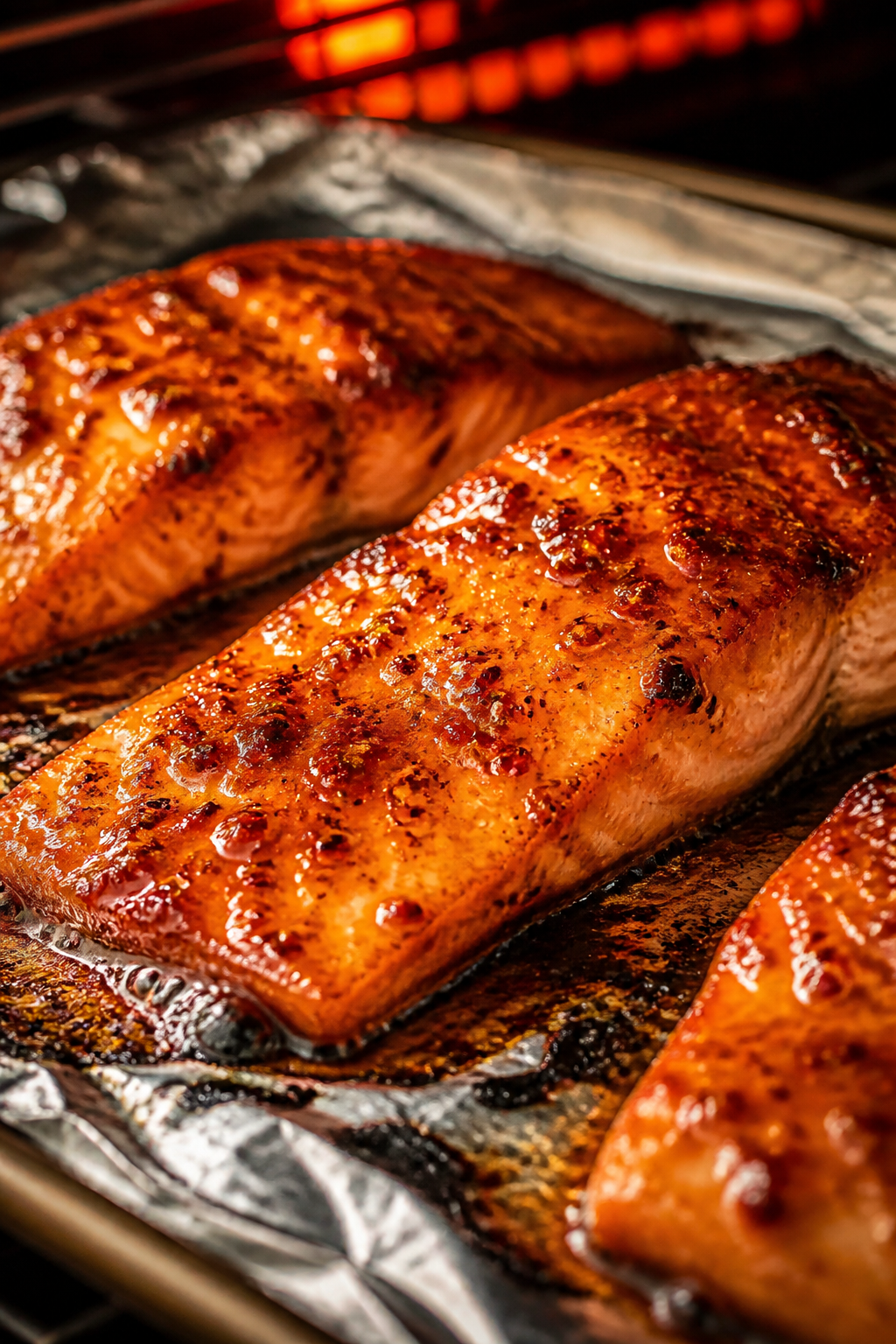 Cooking process, broiler action: Glazed salmon fillets under the broiler, close-up of caramelizing h