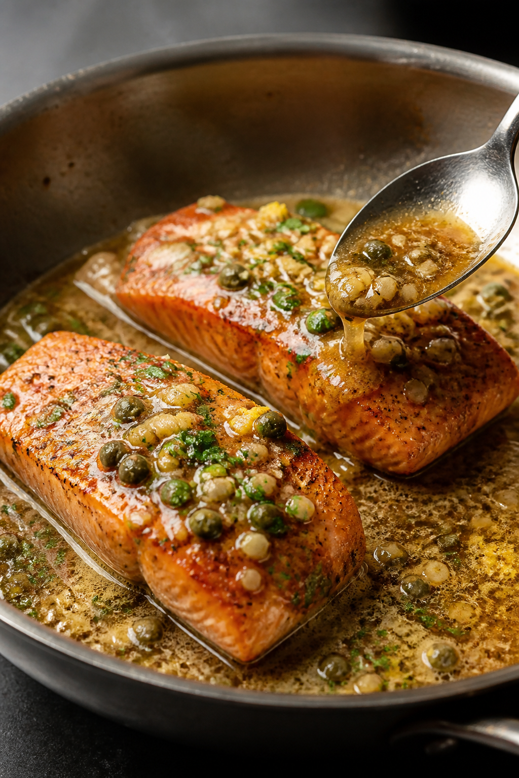 Cooking process: Brown butter lemon sauce in the same skillet just off heat—golden-brown milk soli