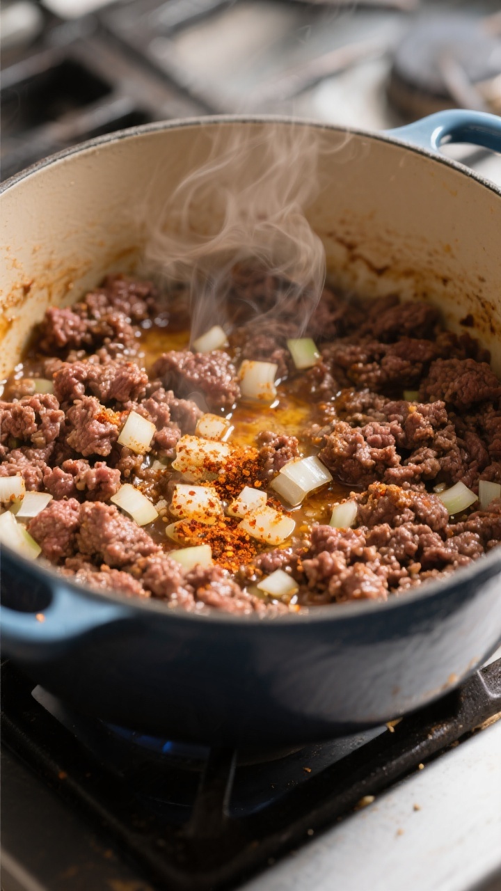 Cooking process: Browning ground beef in a Dutch oven with softened diced onions and flecks of taco 