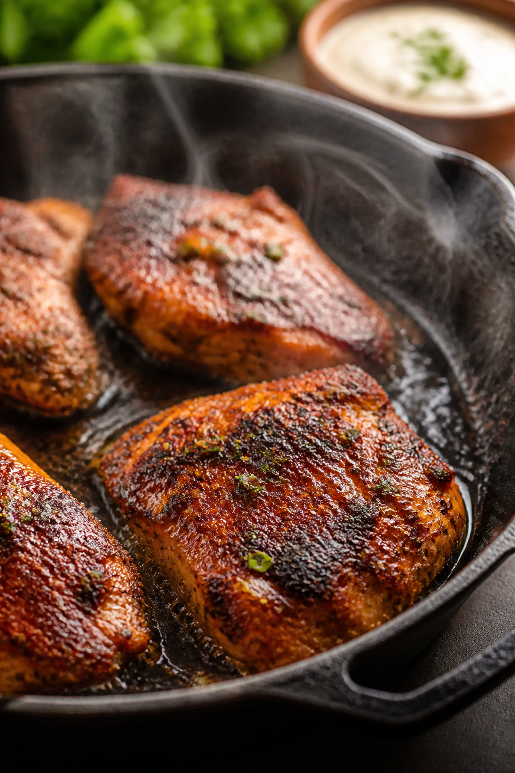 Cooking process — Cajun-seasoned chicken being seared to golden-brown in a cast-iron skillet, glis