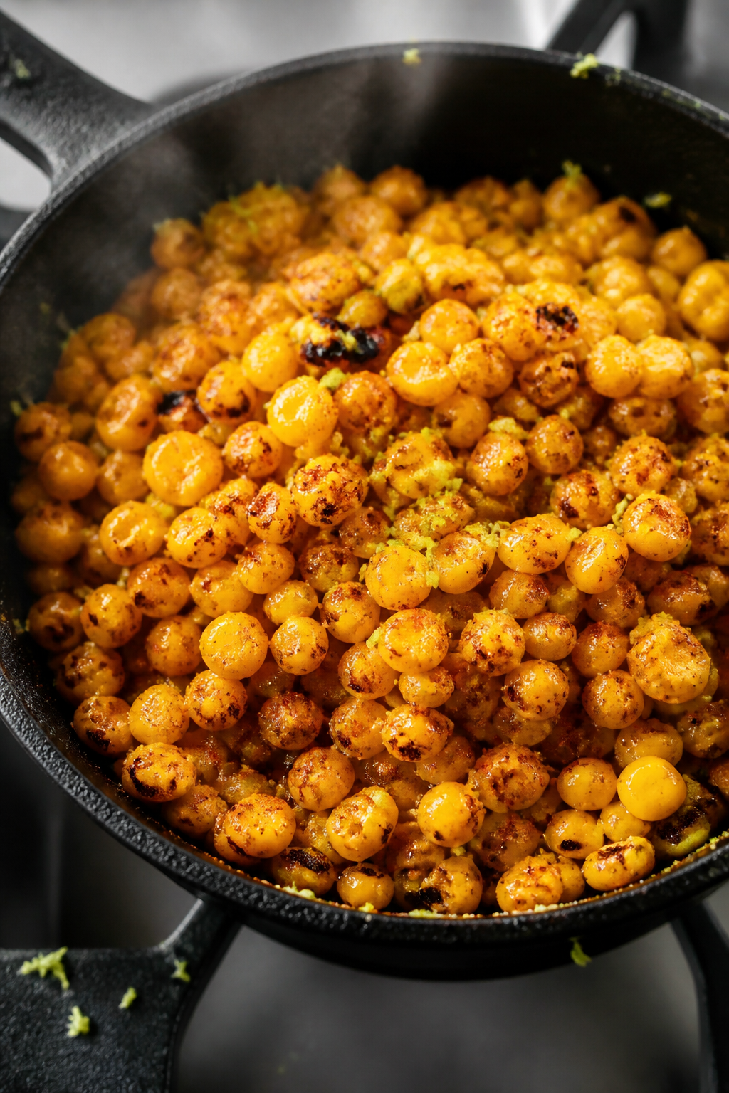 Cooking process — Charred corn close-up: Close-up of blistered, golden-brown corn kernels sizzling