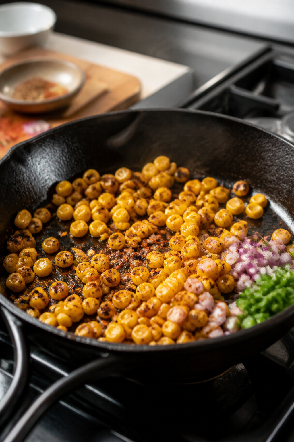 Cooking process: Charred corn kernels sizzling in a dry cast-iron skillet, light browning and smoky 