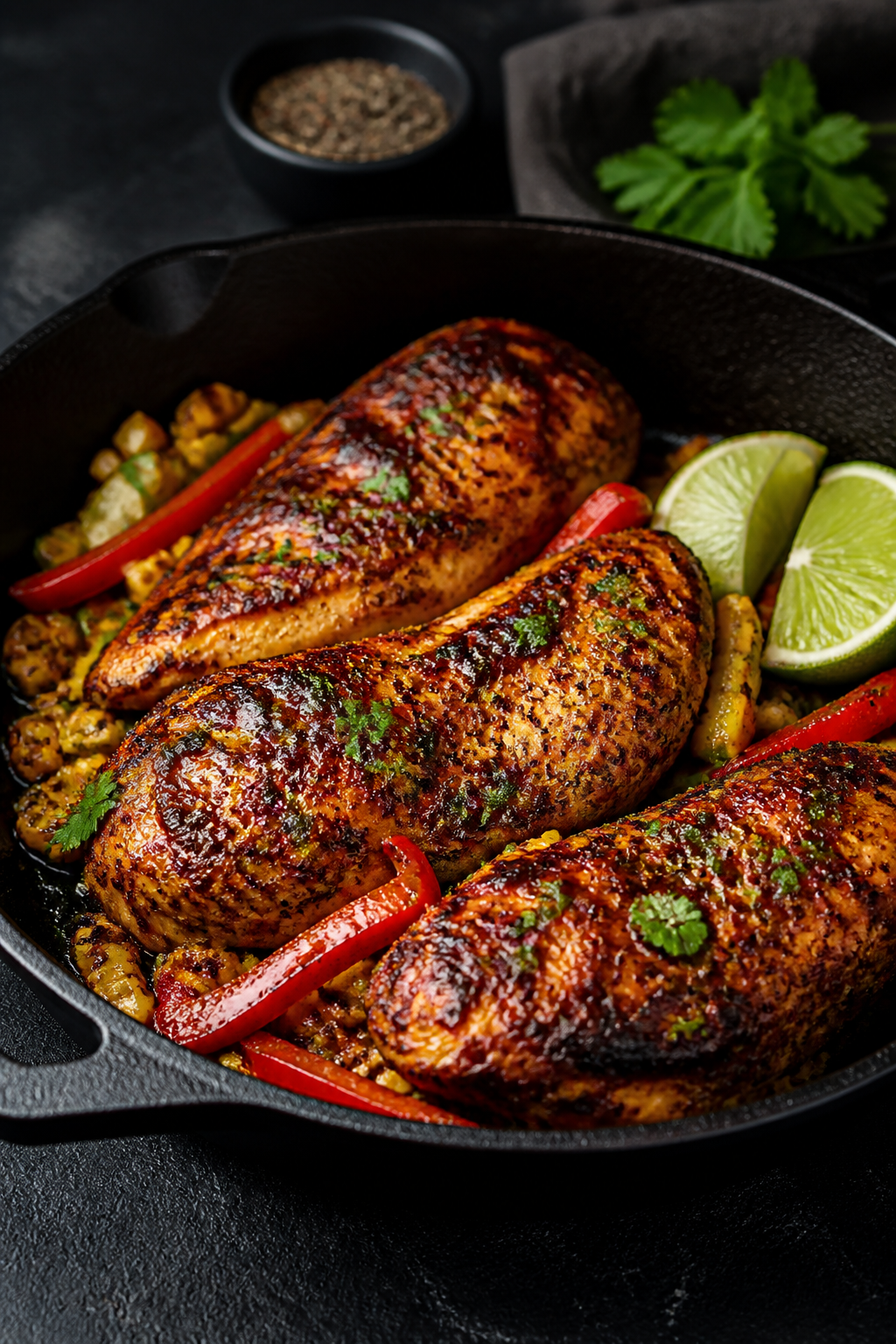 Cooking process: Chili-lime marinated chicken breasts sizzling in a cast-iron skillet, surface caram