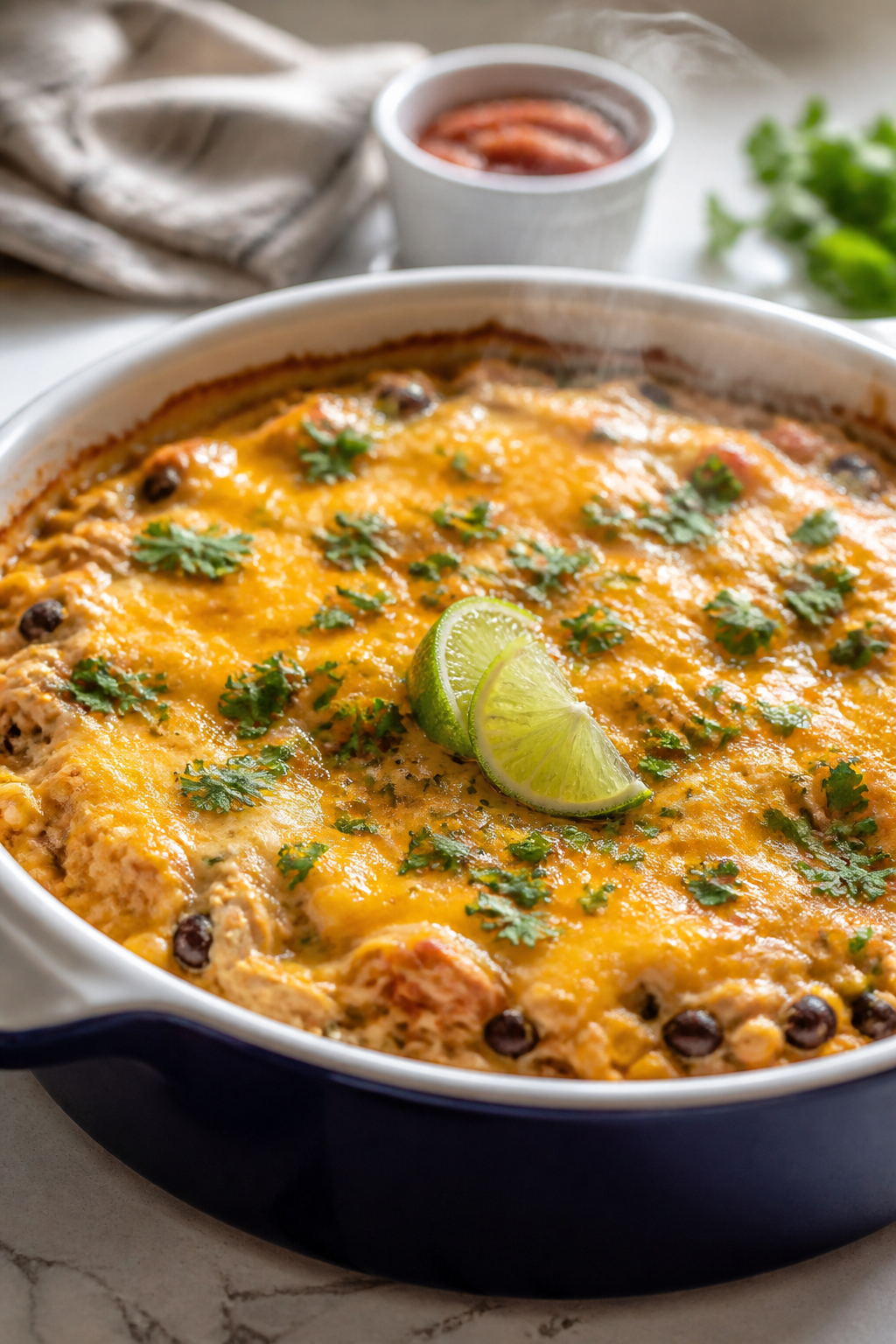Cooking process close-up: A 9-inch baking dish filled with the Mexican chicken dip just pulled from 