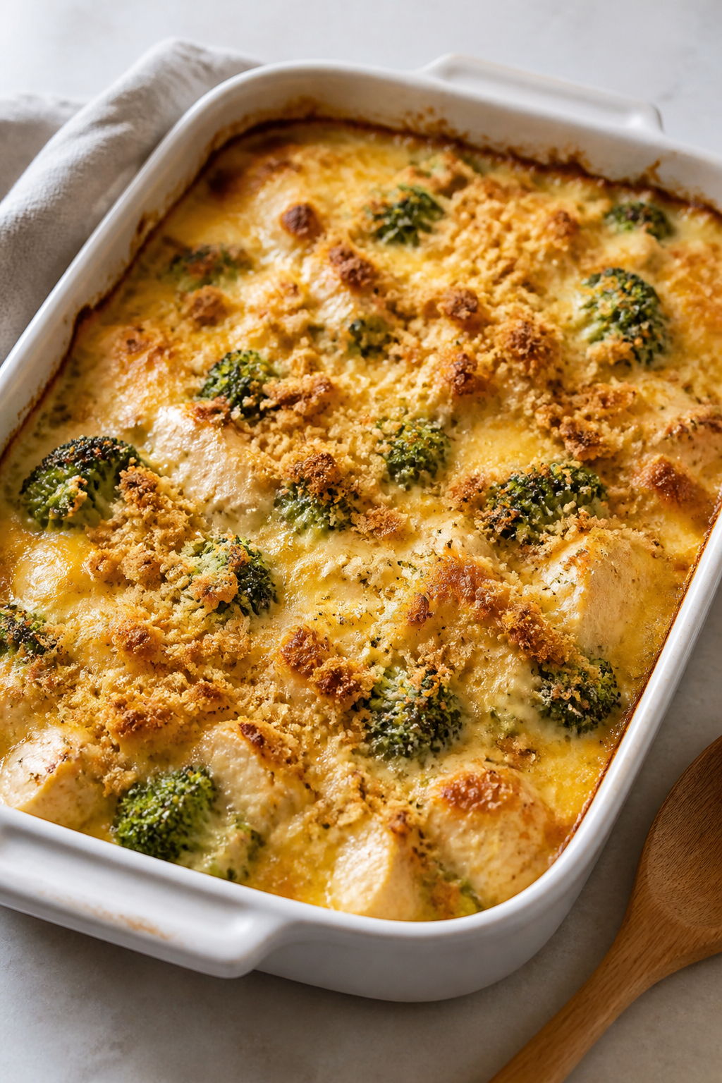 Cooking process close-up: A 9x13-inch casserole just pulled from the oven, cheese fully melted and e