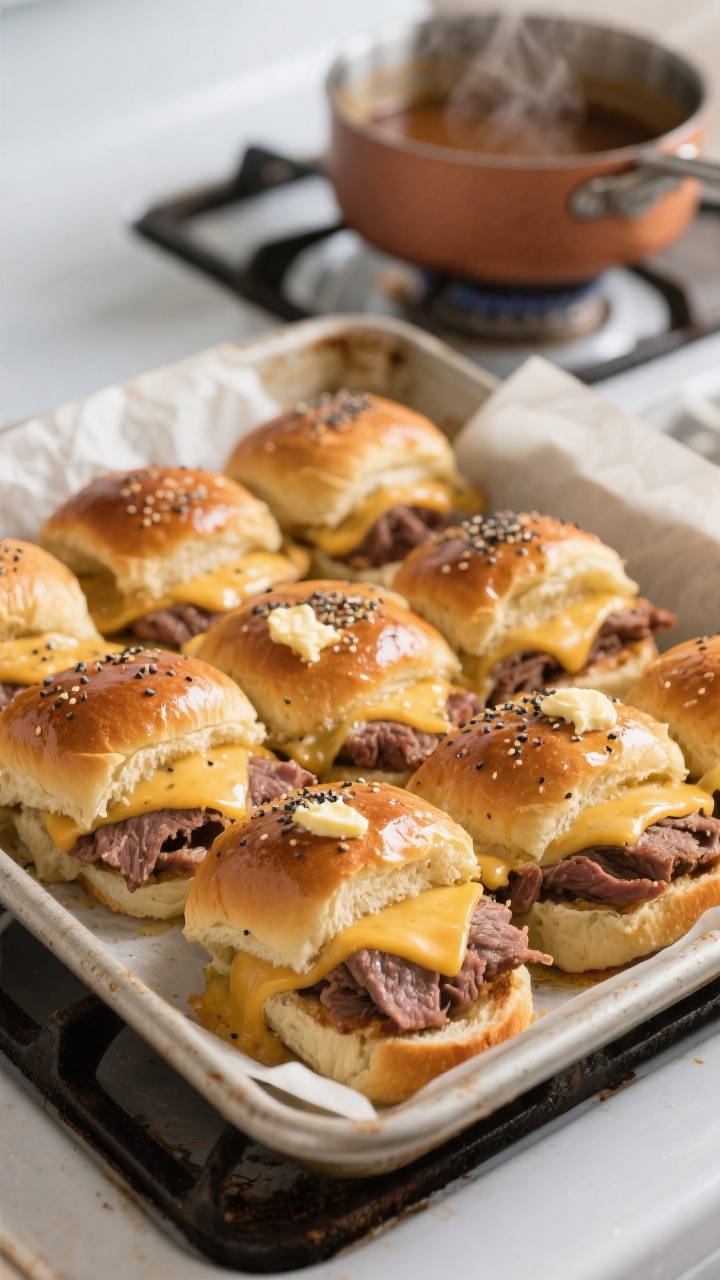 Cooking process close-up: A 9x13 pan filled with assembled French Dip Sliders mid-bake, tops brushed