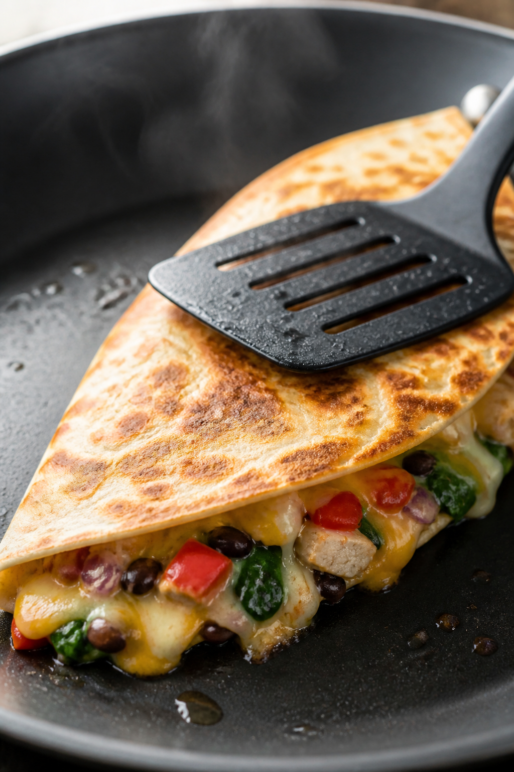 Cooking process close-up: A folded chicken quesadilla melt sizzling in a nonstick skillet over mediu