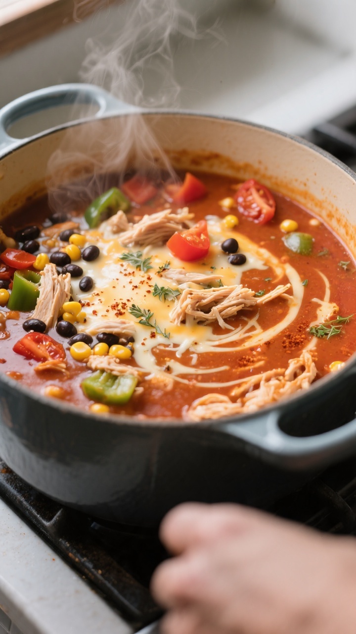 Cooking process close-up: A simmering pot of Chicken Enchilada Soup mid-cook, tight close-up of the 