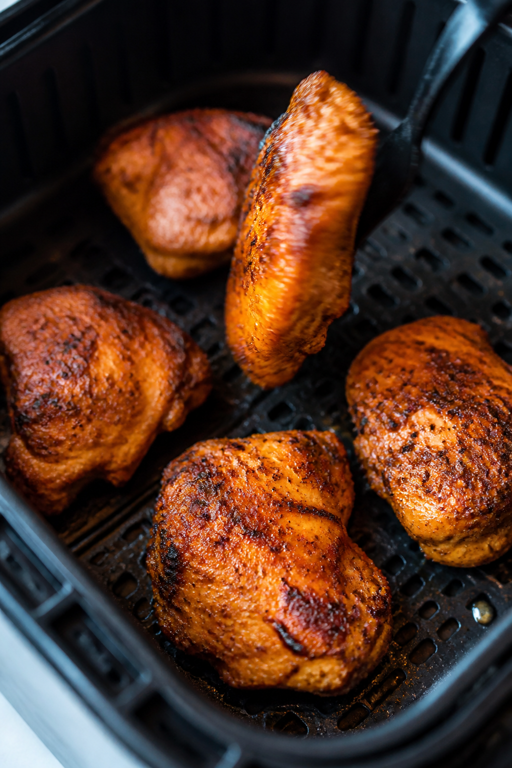 Cooking process close-up: Air fryer basket at 380°F with a single, uncrowded layer of cooked chicke