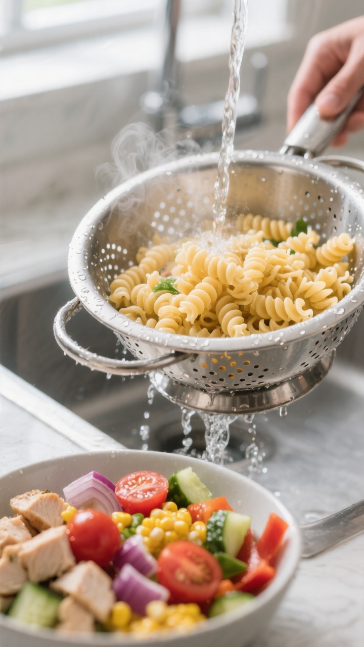 Cooking process close-up: Al dente rotini being rinsed under cool water in a stainless colander, ste