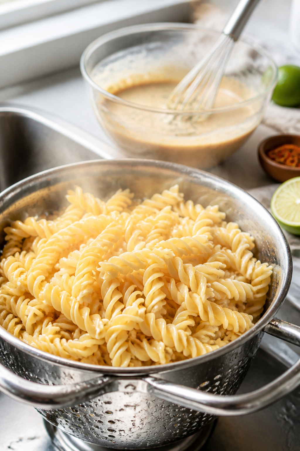 Cooking process close-up: Al dente rotini (high-protein pasta) just drained and rinsed, steaming lig