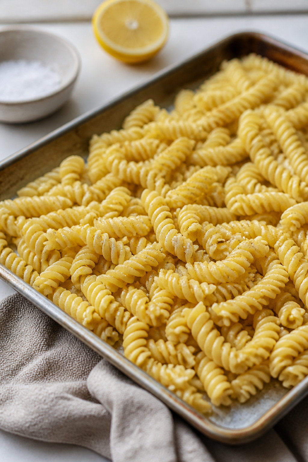 Cooking process close-up: Al dente rotini just drained and rinsed, glistening with a light coating o