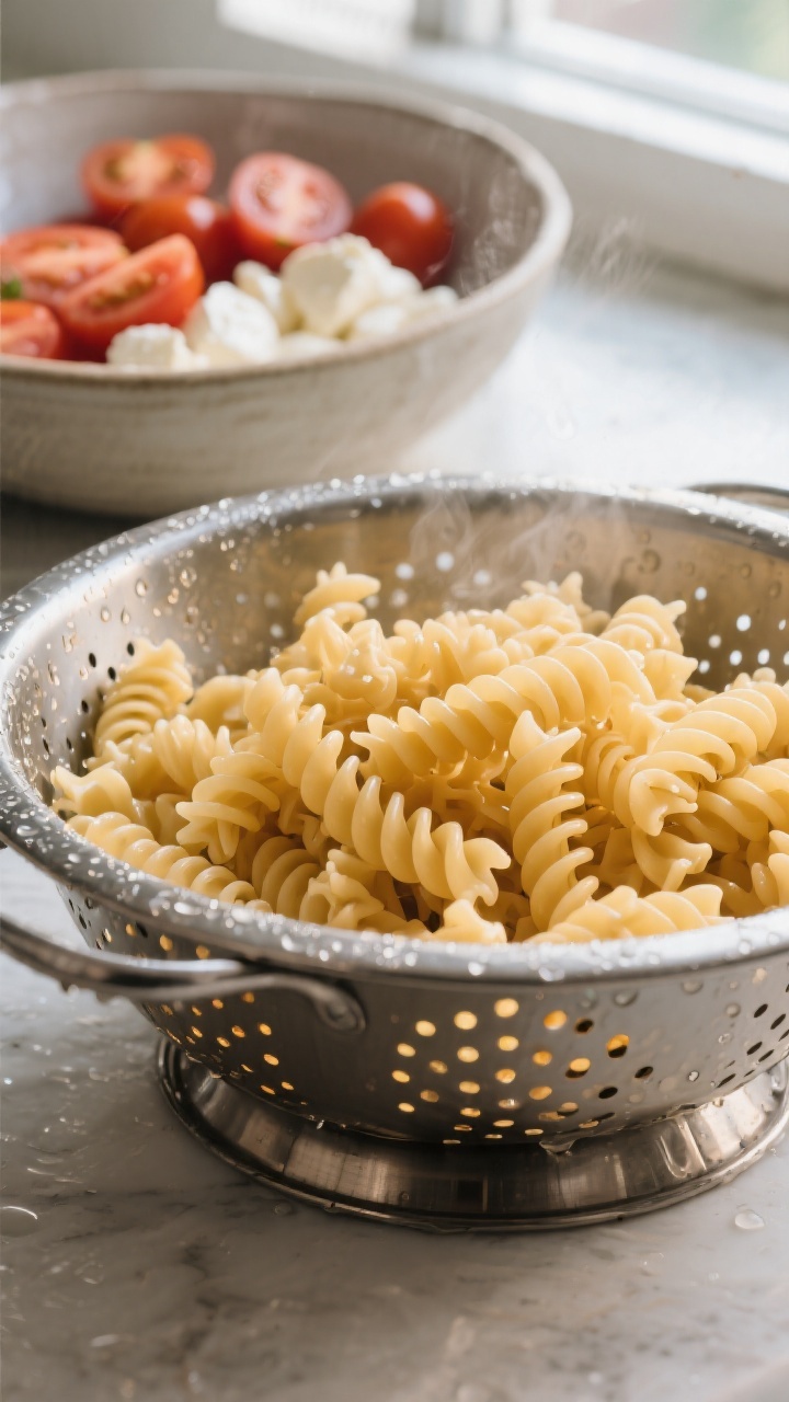 Cooking process close-up: Al dente rotini just drained and rinsed, glistening and steam-kissed in a