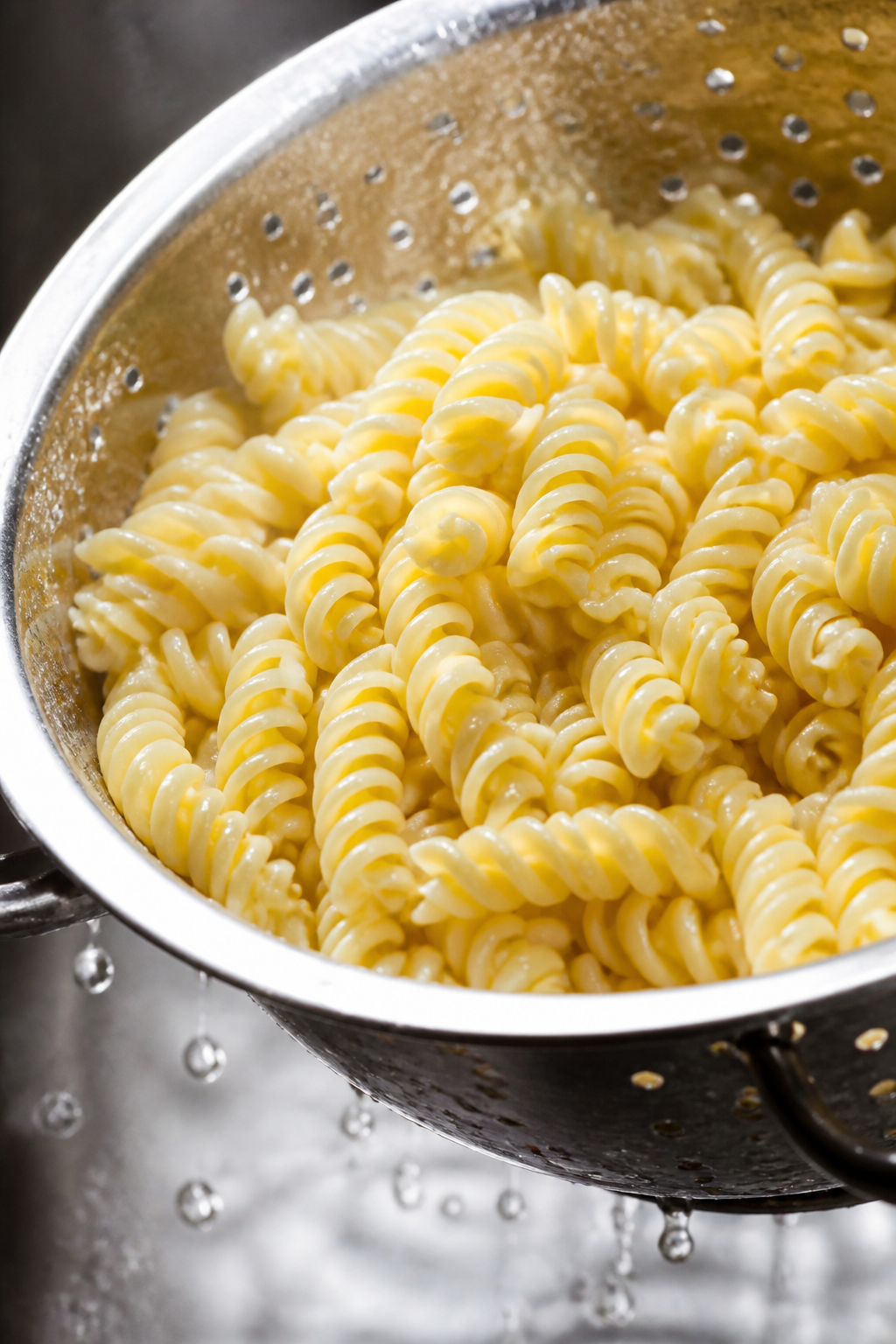 Cooking process close-up: Al dente rotini just drained and briefly rinsed, steam fading, glistening