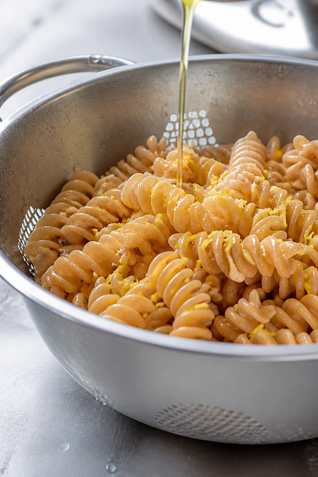 Cooking process close-up: Al dente whole‑wheat rotini just drained and rinsed in a colander, steam