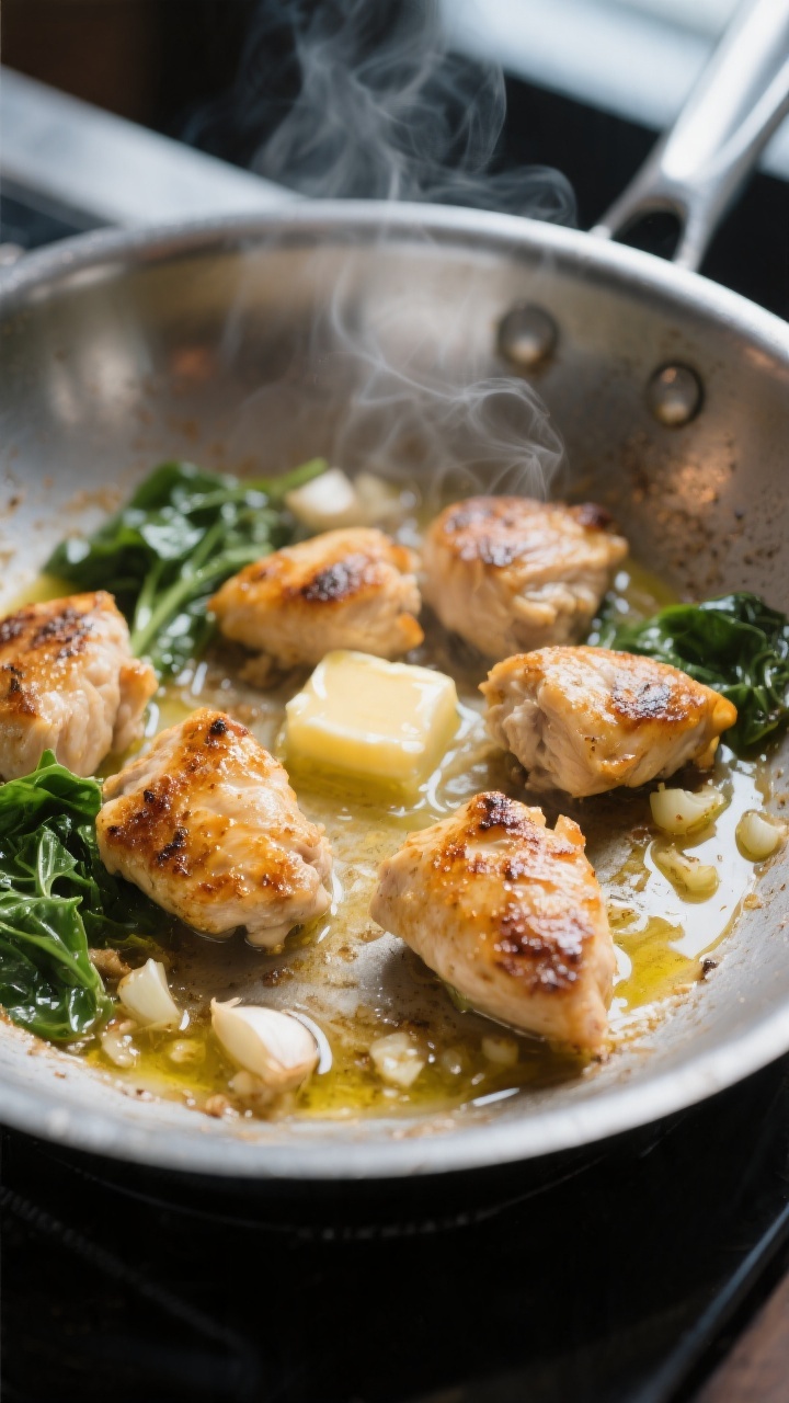 Cooking process close-up: Bite-size chicken pieces sizzling in a stainless-steel skillet, golden-bro