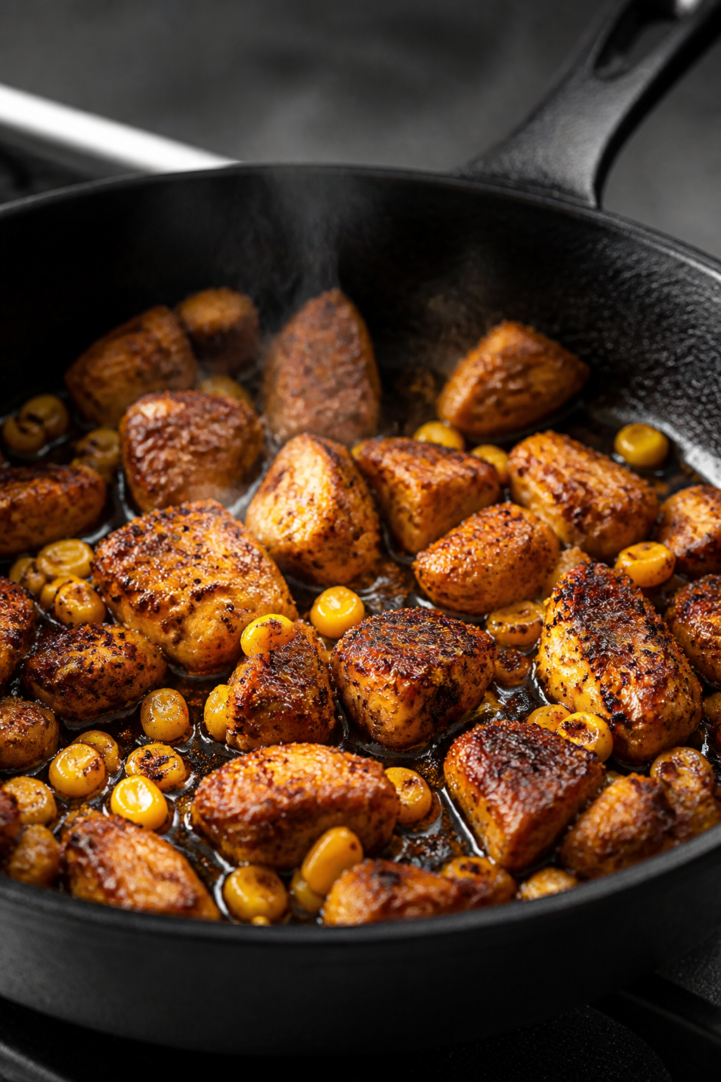 Cooking process close-up: Bite-size chicken pieces searing in a hot cast-iron skillet, coated in tac