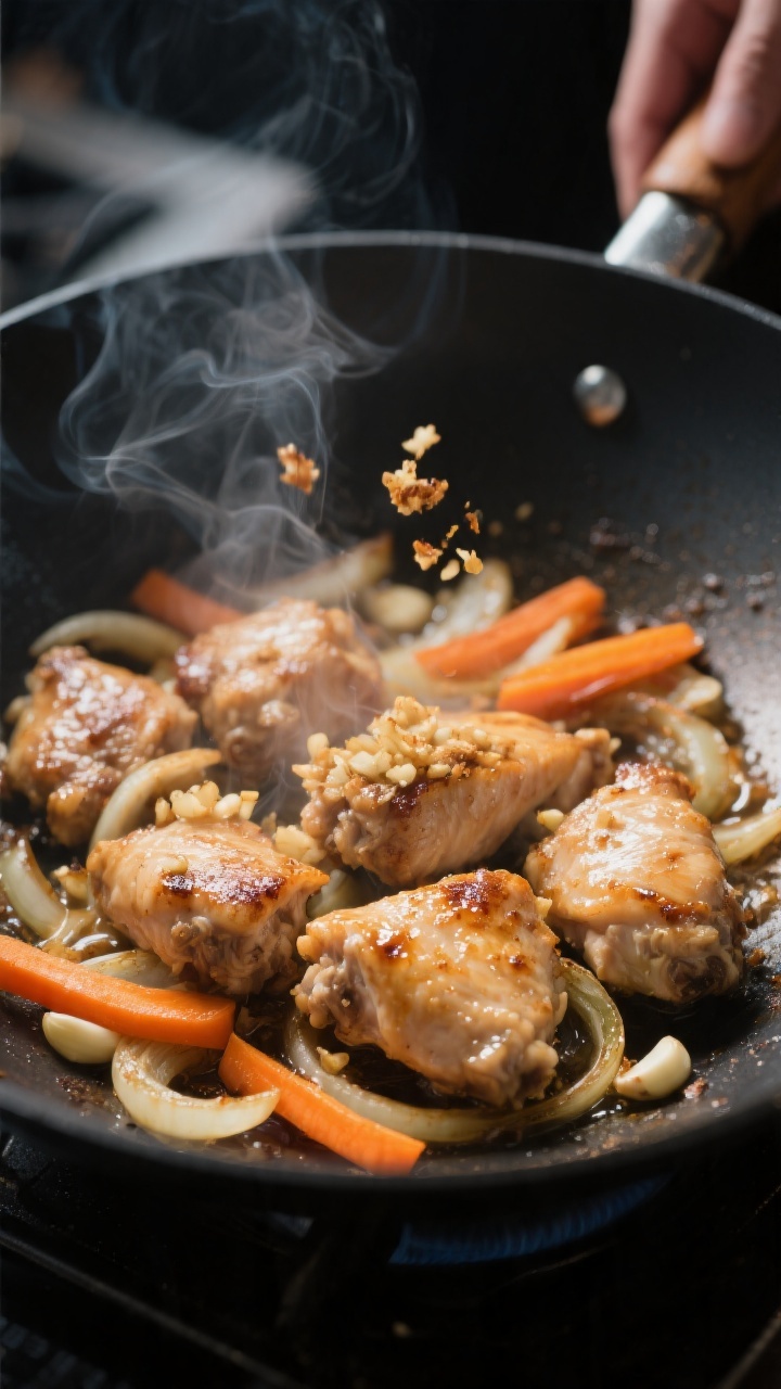 Cooking process close-up: Bite-size chicken thigh pieces sizzling in a wok over medium-high heat, li