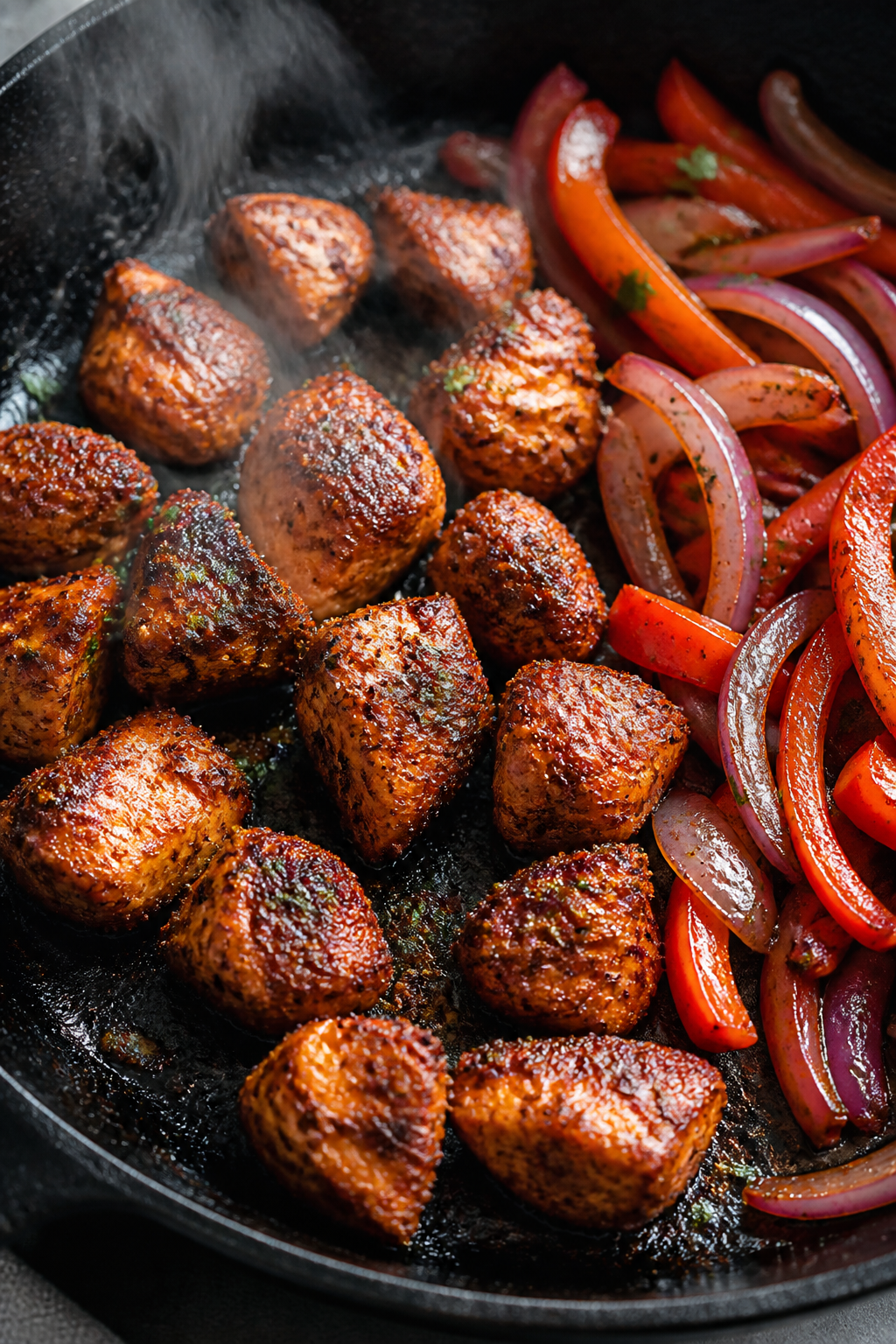 Cooking process close-up: Bite-size spiced chicken searing in a hot skillet, golden-browned edges wi