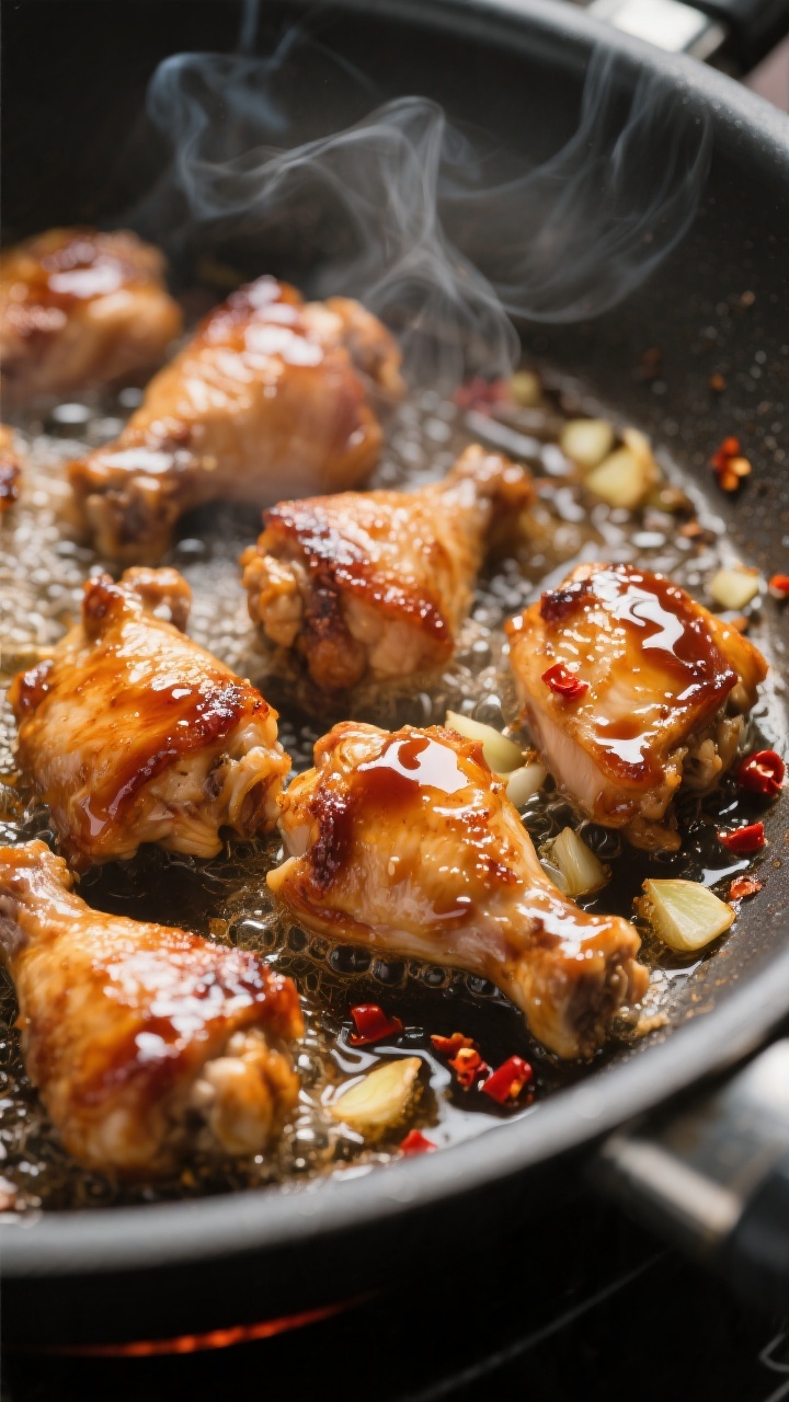 Cooking process, close-up: Bite-sized chicken thigh pieces searing in a wide stainless skillet, edge
