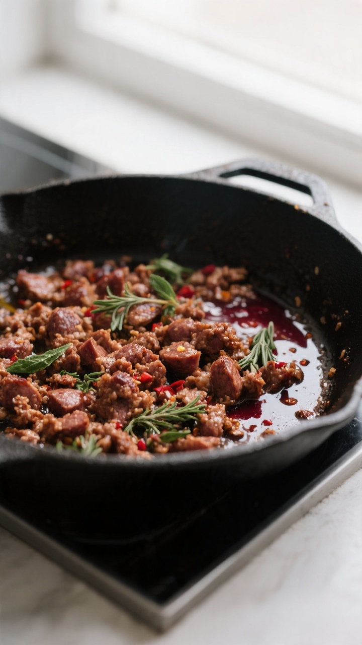 Cooking process close-up: Browning crumbled Italian sausage in a skillet until caramelized with cris