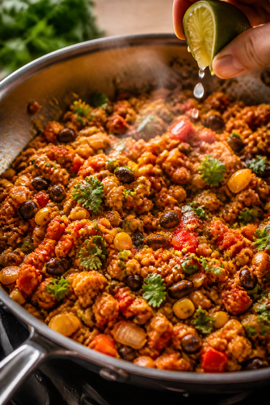 Cooking process, close-up: Cauliflower rice sautéing in a wide stainless skillet, onions and diced 