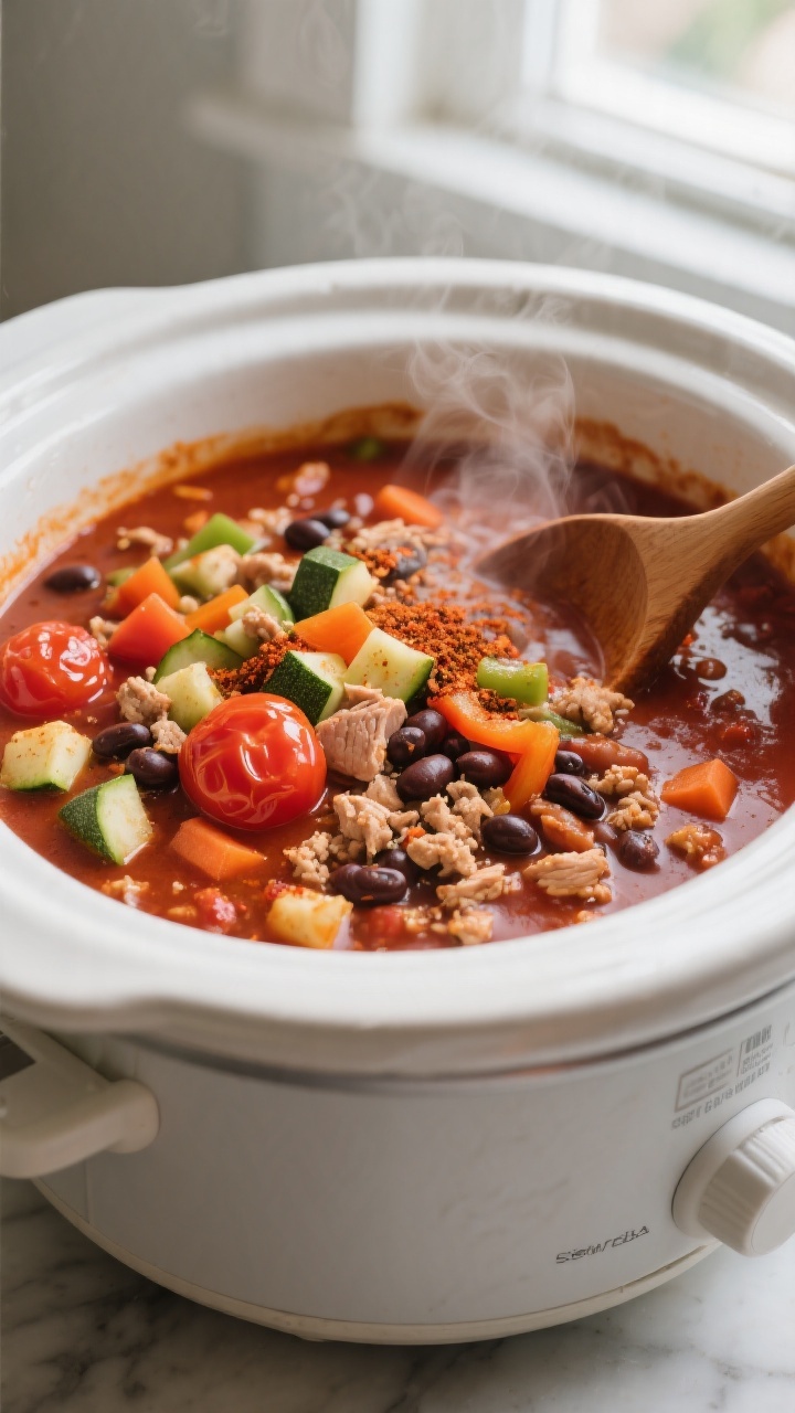 Cooking process, close-up: Close-up of simmering veggie-loaded turkey chili in a slow cooker, showin