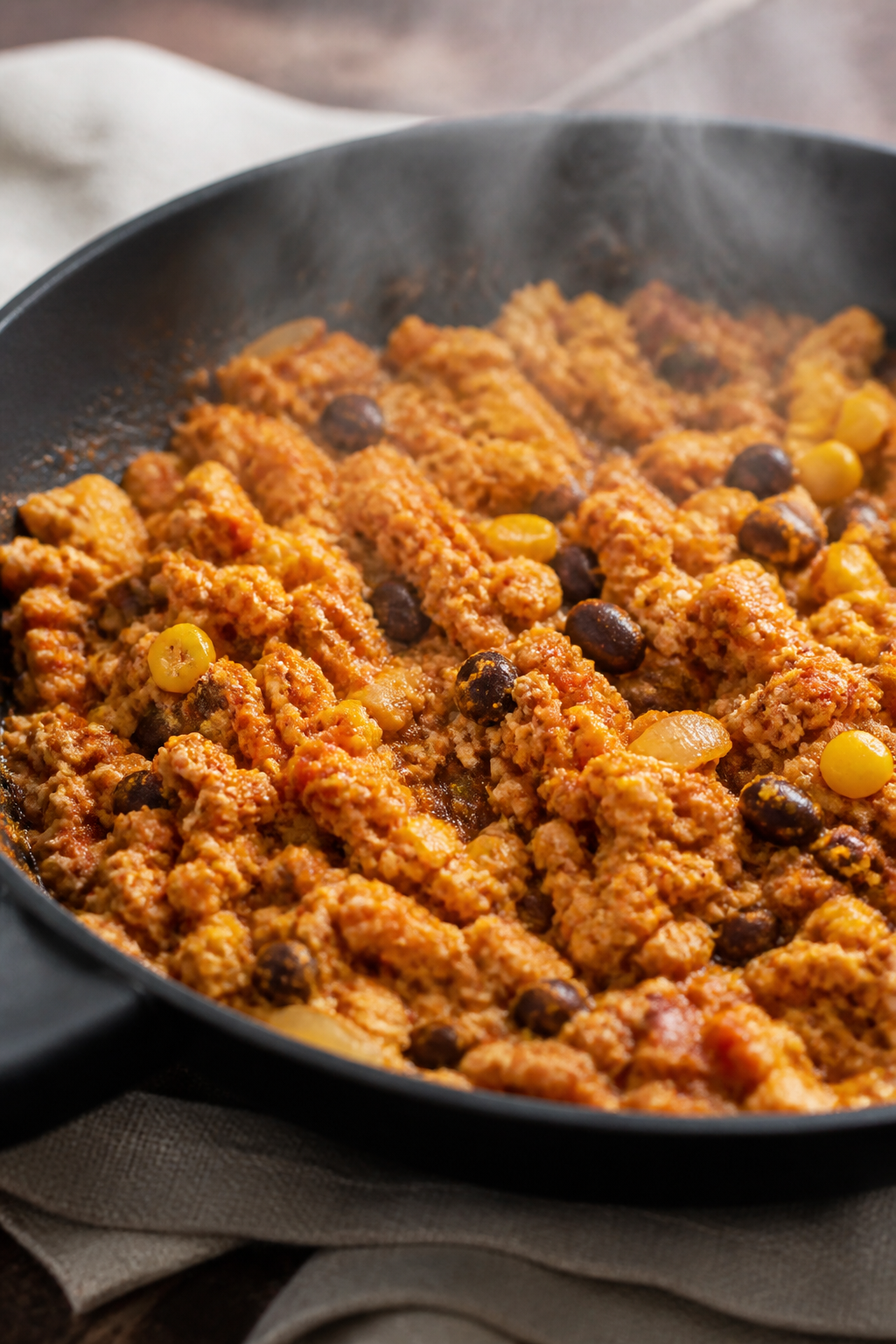 Cooking process close-up: Cottage cheese taco filling sizzling in a skillet after aromatics and spic