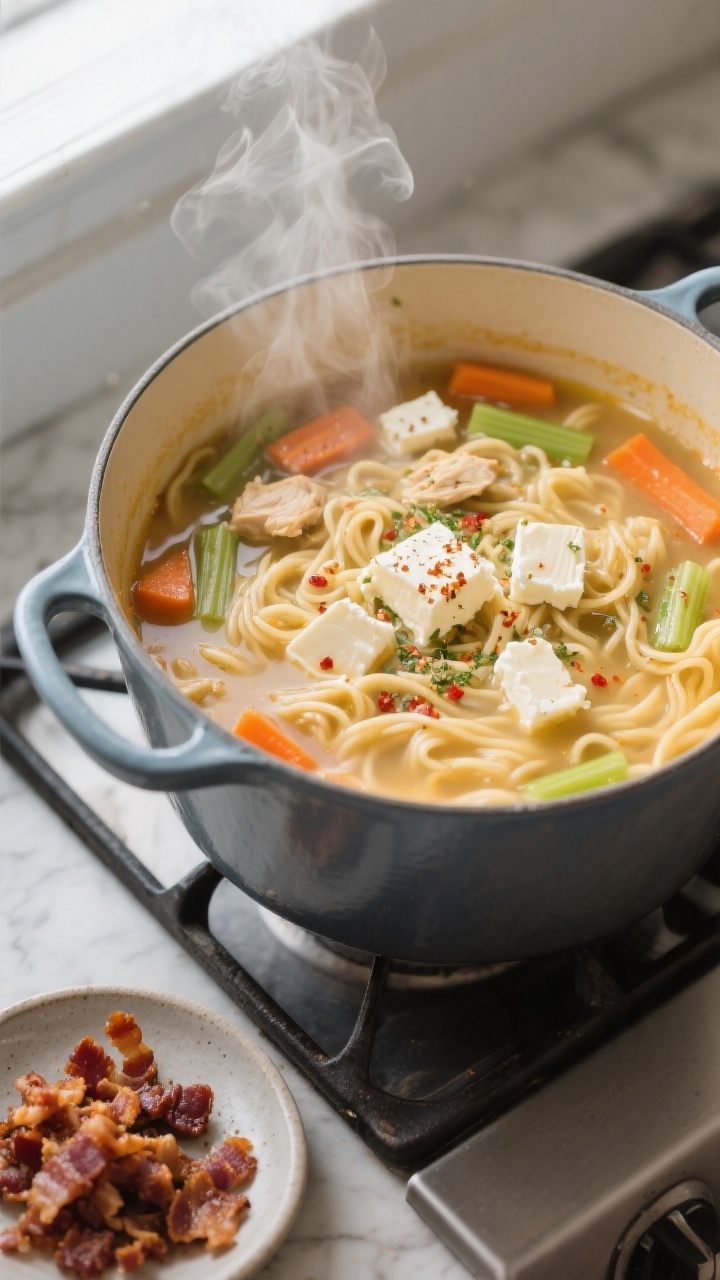 Cooking process, close-up: Creamy crack chicken noodle soup base simmering in a Dutch oven as cream 