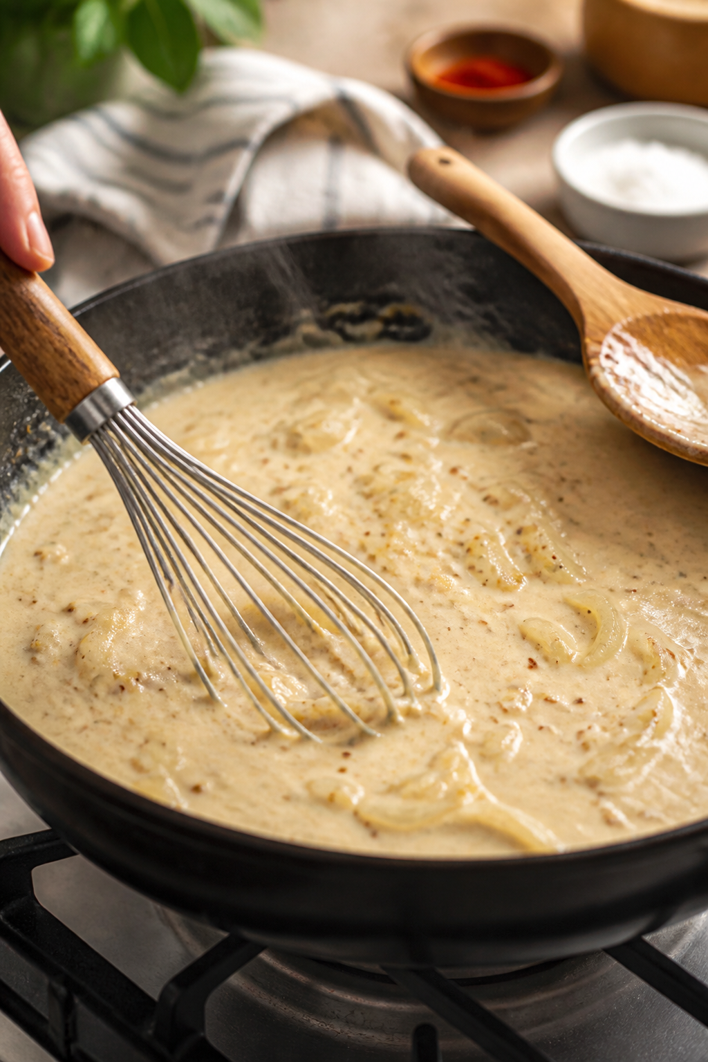 Cooking process close-up: Creamy yogurt-broth sauce being gently whisked in a skillet over medium he