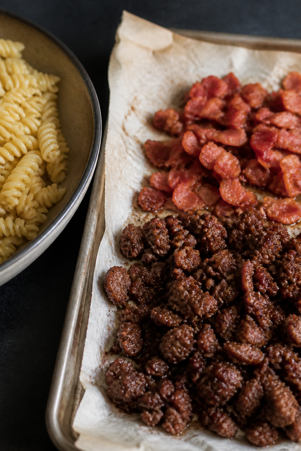 Cooking process close-up: Crispy bacon crumbles and deeply browned ground beef cooling on a parchmen