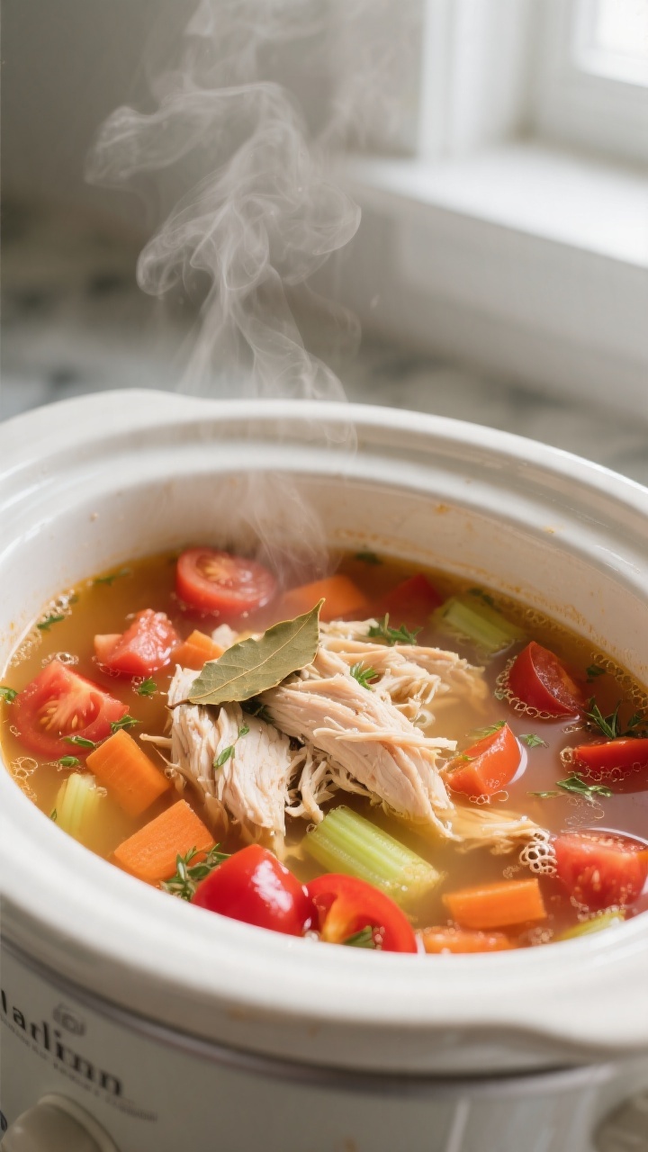 Cooking process close-up: Crockpot Italian Chicken Soup mid-simmer inside a slow cooker, showing shr