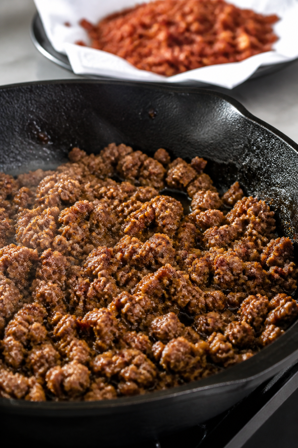 Cooking process close-up: Crumbled ground beef browning in a skillet with a glossy sheen from reserv